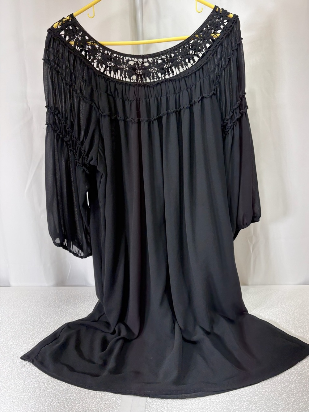 HeartSoul Black Crochet Yoke Midi Dress with Gathered Sleeves 3339